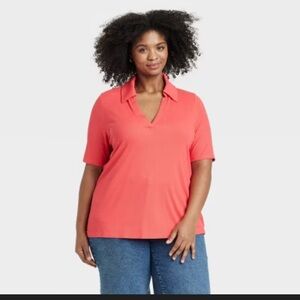 NWT Ava & Viv 2XL Ribbed Polo Shirt HOT PINK Short Sleeve Cotton Soft Plus Size